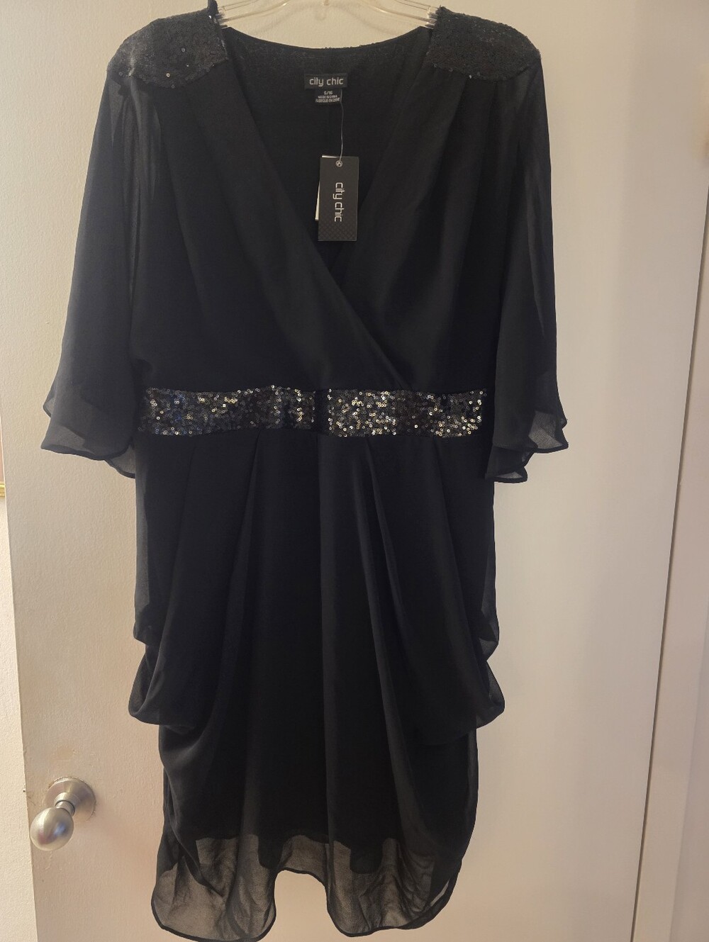 City Chic Black Midi Dress with Sequin Waist and Shoulders